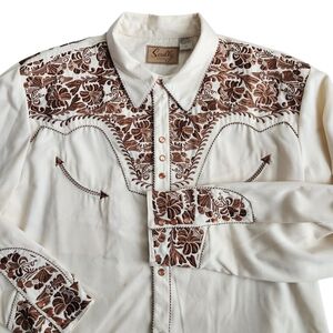 Scully Western Tooled Embroidered Pearl Snap Shirt Men's 2XL Beige Rodeo Cowboy